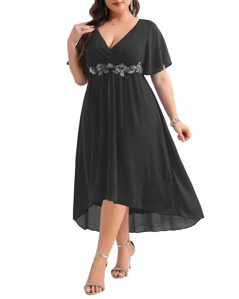 Talisea Black Dress Plus Size Wedding Guest Cocktail Formal Chiffon Appliques V Neck Short Sleeve High Low Dresses Women - Image 1