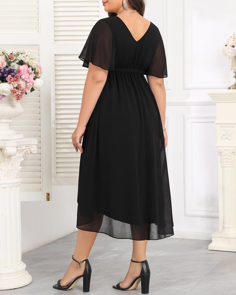 Talisea Black Dress Plus Size Wedding Guest Cocktail Formal Chiffon Appliques V Neck Short Sleeve High Low Dresses Women - Image 4