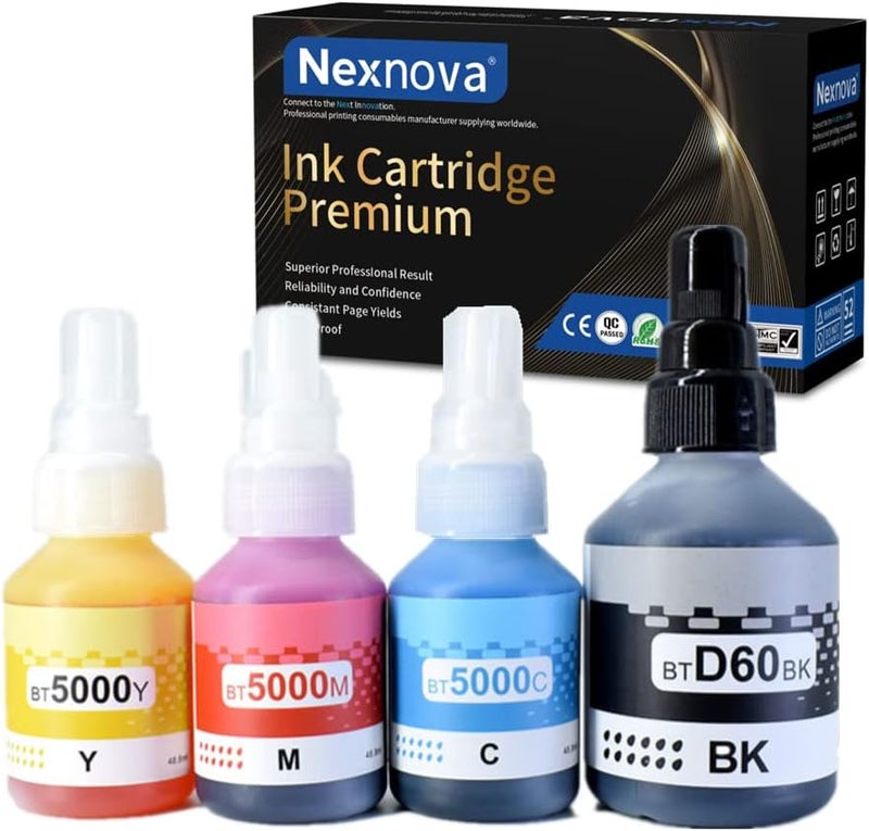 NexNova Ink Btd60 Bt5000 For Brother Pack Of 4 Black Cyan Magenta Yellow For Dcp - T300 T510W T710W Mfc - T810W T910Dw Hl - T4000Dw Dcp - T310W T510W T710W Mfc - T810W T910Dw T4500Dw Dcp-T300 - Image 1