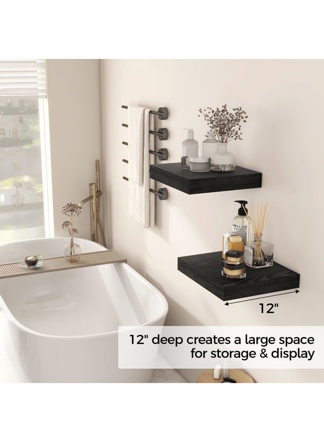 Fun Memories 12 Inch Floating Shelf, Rustic Wood Wall Shelves for Wall Decor & Storage, 12 x 12 Floating Shelf for Living Room, Bathroom, Bedroom, Black, Set of 2 - Image 4