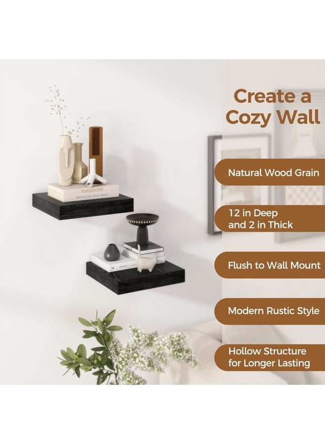 Fun Memories 12 Inch Floating Shelf, Rustic Wood Wall Shelves for Wall Decor & Storage, 12 x 12 Floating Shelf for Living Room, Bathroom, Bedroom, Black, Set of 2 - Image 5