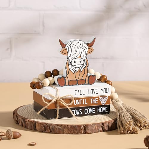WODOHOLO 5PCS Highland Cow Decor, Farmhouse Tiered Tray Decor, Christmas Decorations for Home Wooden Book Stacks SignsRustic Table Centerpiece for Mantle Shelf Kitchen Living Room Office - Image 4