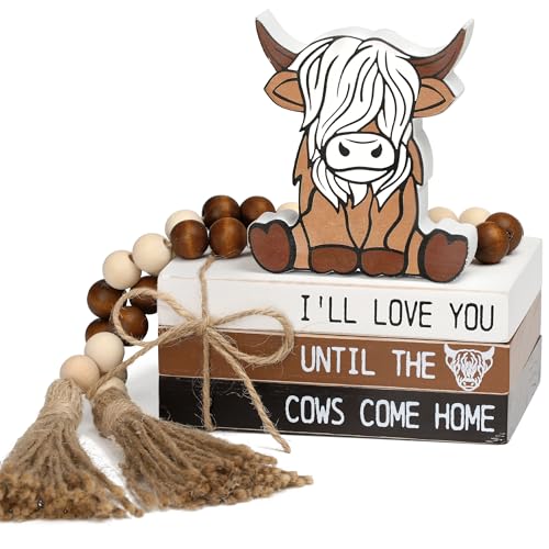 WODOHOLO 5PCS Highland Cow Decor, Farmhouse Tiered Tray Decor, Christmas Decorations for Home Wooden Book Stacks SignsRustic Table Centerpiece for Mantle Shelf Kitchen Living Room Office - Image 1