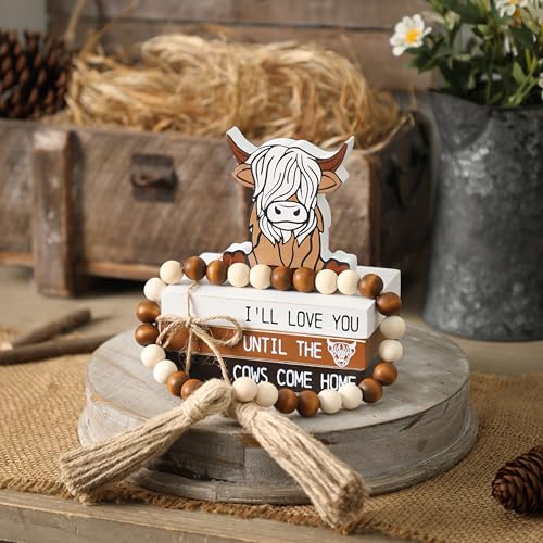 WODOHOLO 5PCS Highland Cow Decor, Farmhouse Tiered Tray Decor, Christmas Decorations for Home Wooden Book Stacks SignsRustic Table Centerpiece for Mantle Shelf Kitchen Living Room Office - Image 5