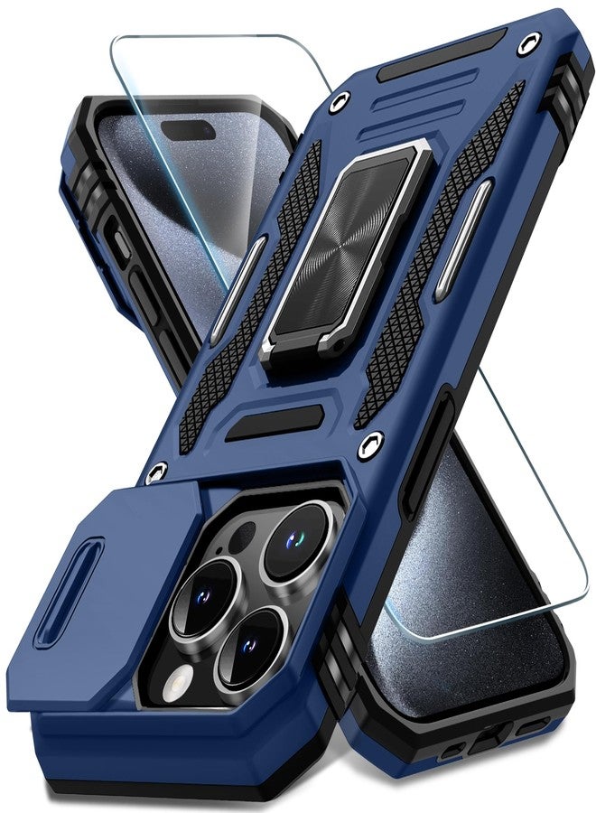 DEERLAMN جراب DEERLAMN لهاتف iPhone 15 Pro Max مع غطاء كاميرا منزلق + واقي شاشة (عبوة واحدة)، غطاء حماية مقاوم للصدمات بمسند حلقي دوار، بمواصفات عسكرية، مقاس 6.7 بوصة - أزرق داكن - Image 1