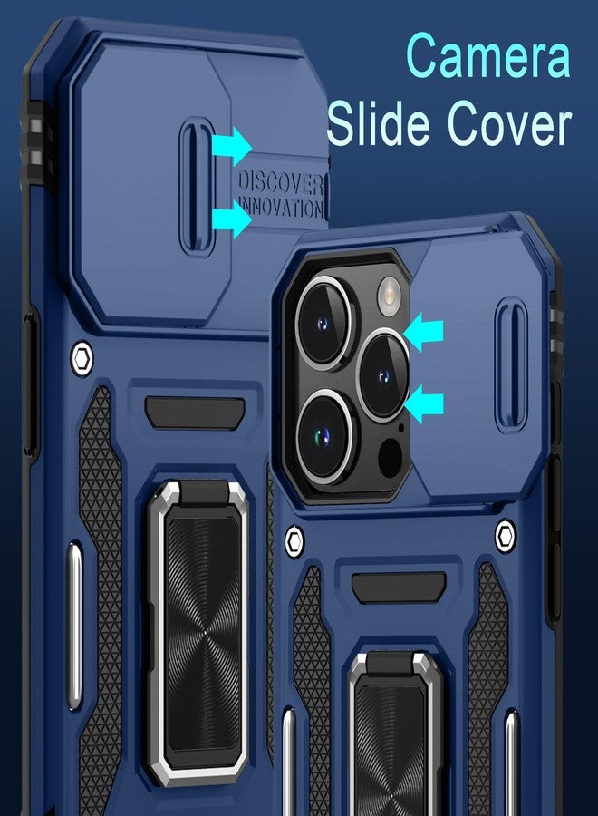 DEERLAMN جراب DEERLAMN لهاتف iPhone 15 Pro Max مع غطاء كاميرا منزلق + واقي شاشة (عبوة واحدة)، غطاء حماية مقاوم للصدمات بمسند حلقي دوار، بمواصفات عسكرية، مقاس 6.7 بوصة - أزرق داكن - Image 3