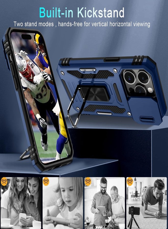 DEERLAMN جراب DEERLAMN لهاتف iPhone 15 Pro Max مع غطاء كاميرا منزلق + واقي شاشة (عبوة واحدة)، غطاء حماية مقاوم للصدمات بمسند حلقي دوار، بمواصفات عسكرية، مقاس 6.7 بوصة - أزرق داكن - Image 5