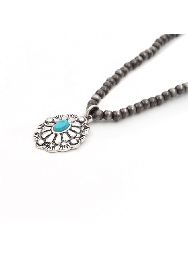 Elosee Turquoise Stone Silvertone Pendant Faux Navajo Pearl Choker Necklace Jewellery for Women 12 Inch - Image 2