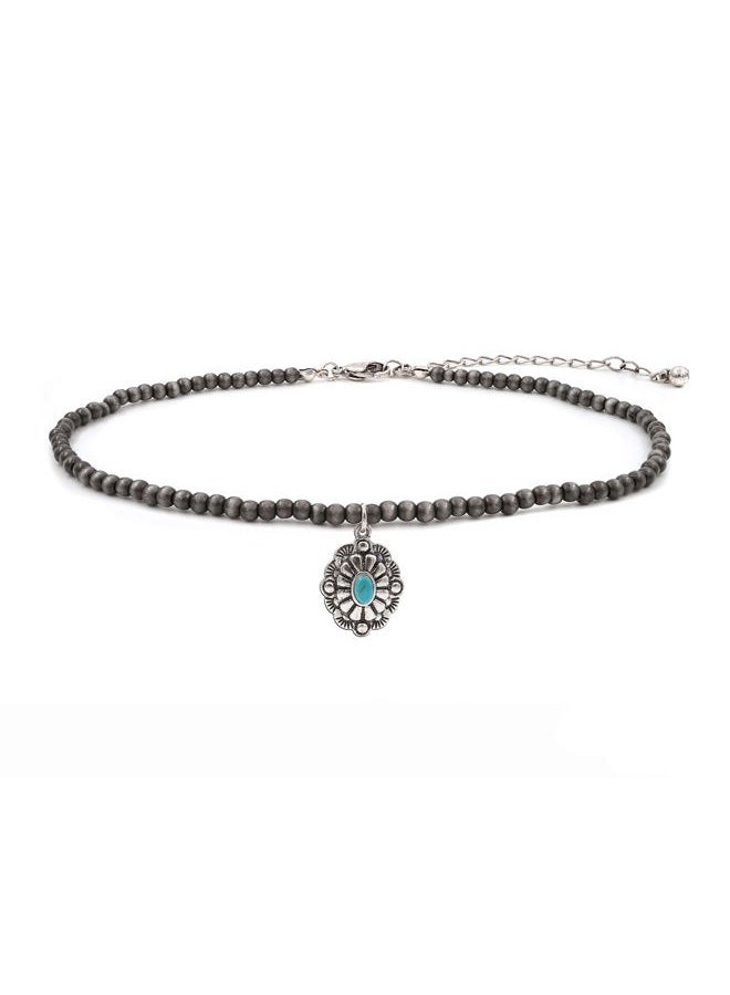 Elosee Turquoise Stone Silvertone Pendant Faux Navajo Pearl Choker Necklace Jewellery for Women 12 Inch - Image 1