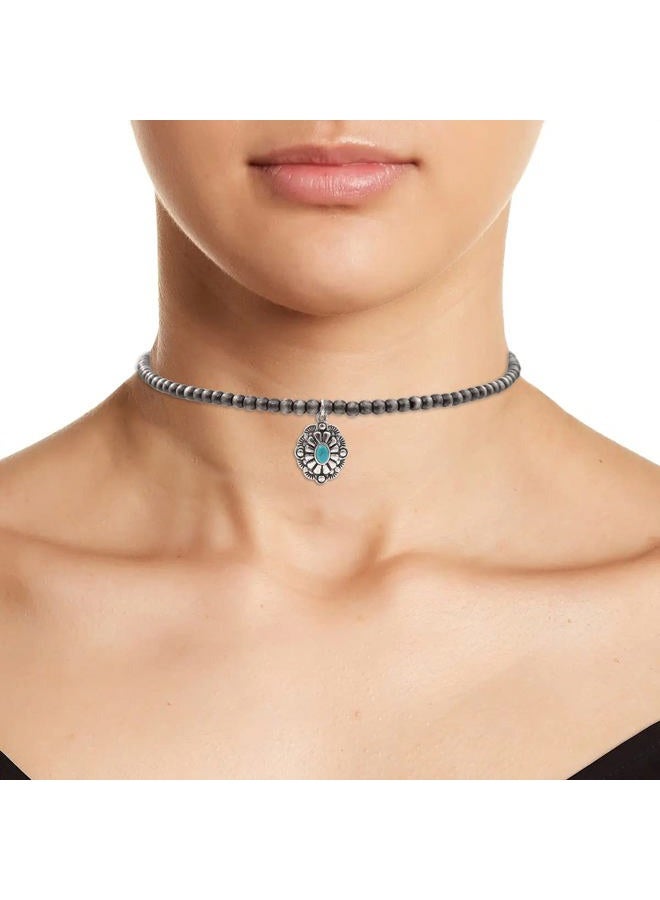 Elosee Turquoise Stone Silvertone Pendant Faux Navajo Pearl Choker Necklace Jewellery for Women 12 Inch - Image 3