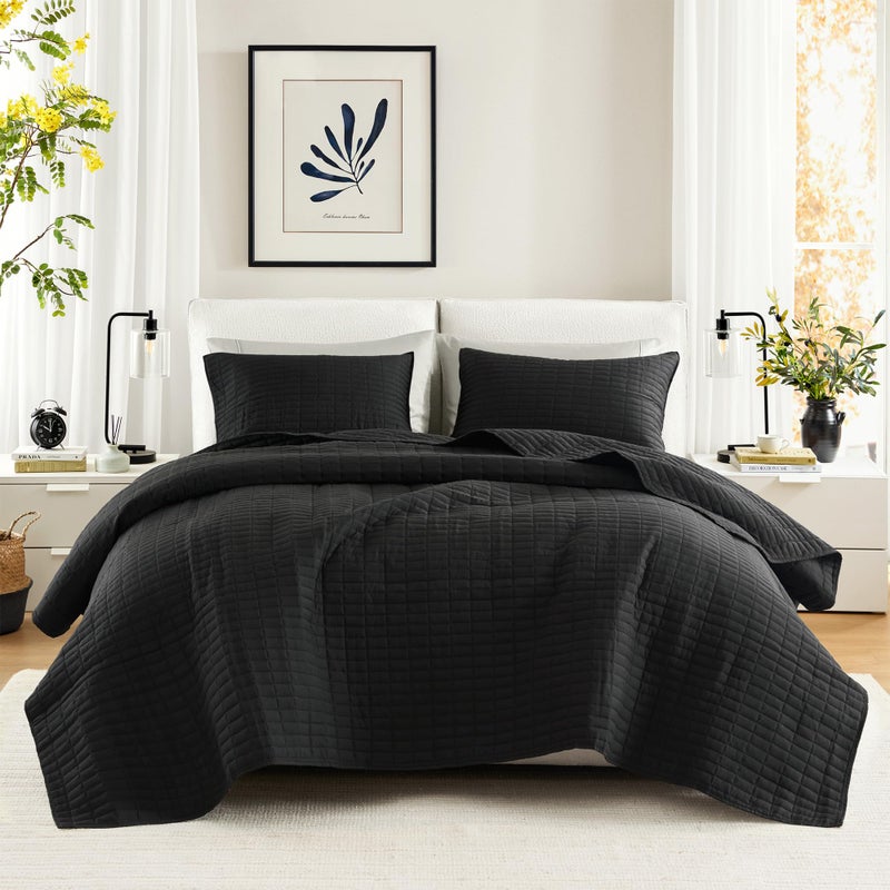 Comfort Spaces Kienna Quilt SetLuxury Double Sided Stitching Design Summer Blanket Lightweight Soft All Season Bedding Layer Matching Sham Black Coverlet King 104x90 3 Piece