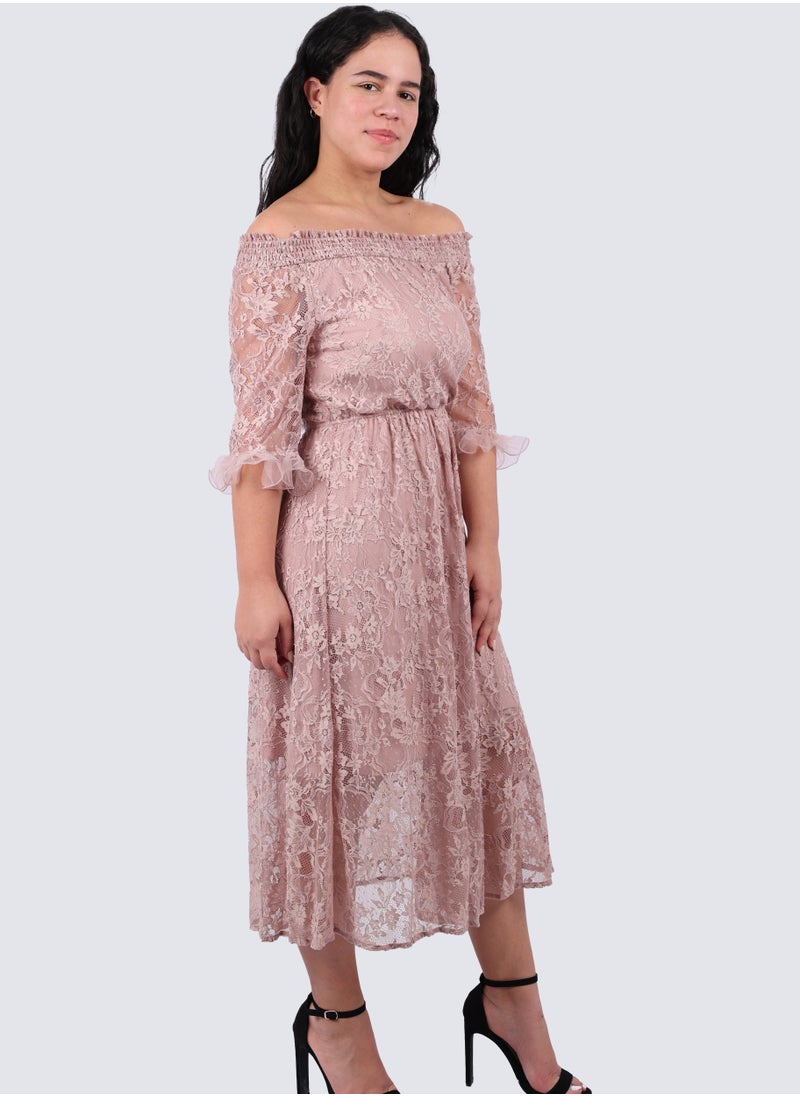 VERO MODA - Women's Viola Lace Off Shoulder Dress in Fawn - Image 1