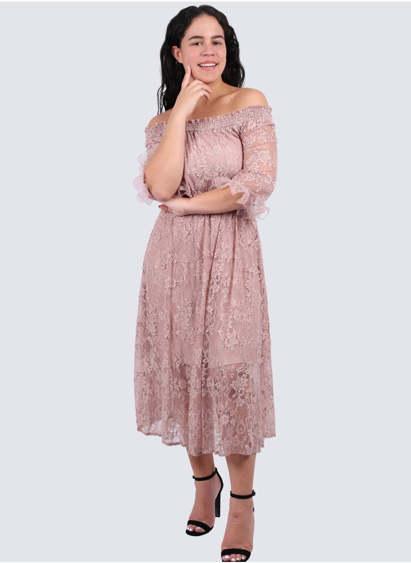 VERO MODA - Women's Viola Lace Off Shoulder Dress in Fawn - Image 1