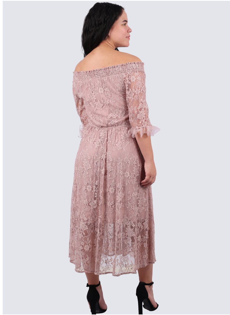 VERO MODA - Women's Viola Lace Off Shoulder Dress in Fawn - Image 1