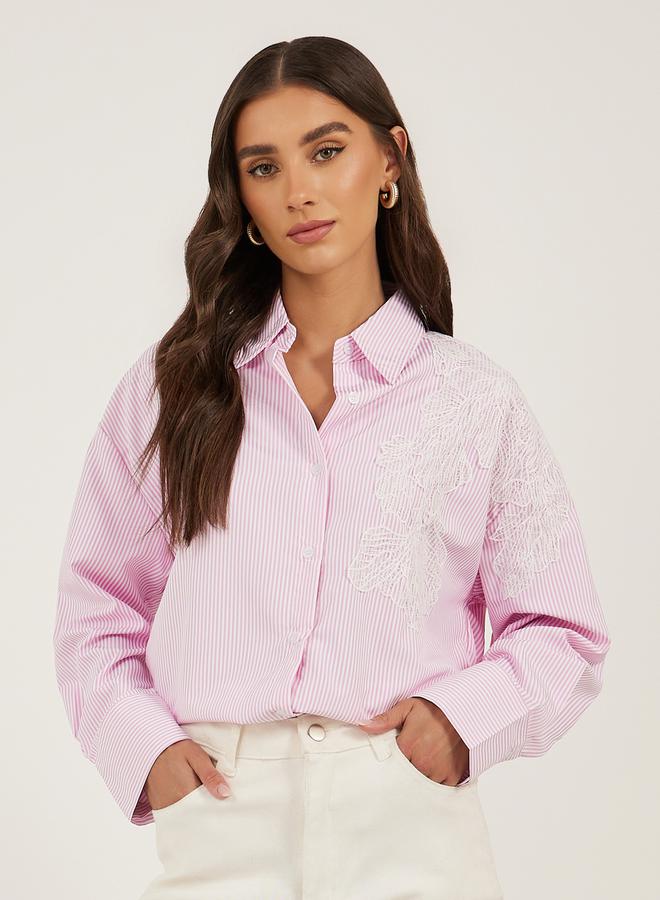Styli Striped Long Sleeve Oversized Shirt with Lace Detail  - Image 1