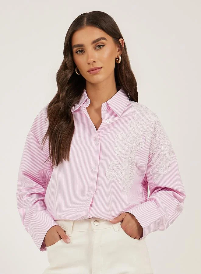 Styli Striped Long Sleeve Oversized Shirt with Lace Detail