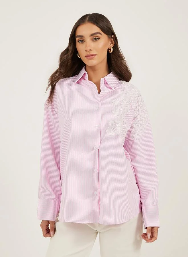 Styli Striped Long Sleeve Oversized Shirt with Lace Detail