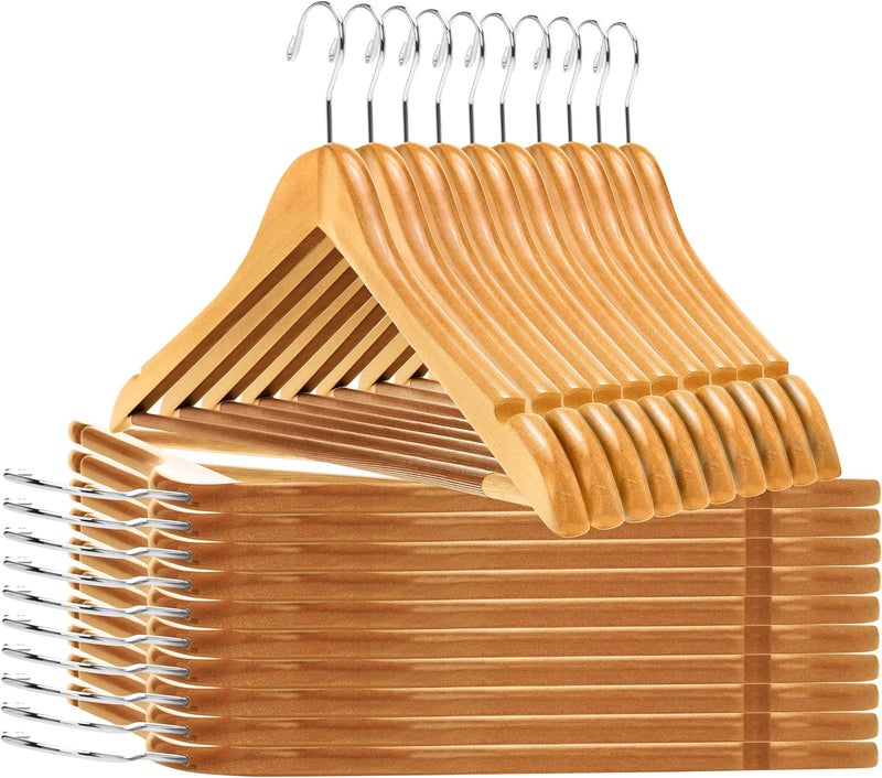 Quality Hangers Wooden - Semi Contoured Hanger Set in 20-Pack - Solid Wood Coat with Stylish Chrome Hooks - Heavy-Duty Clothes, Jacket, Shirt, Pants, Suit Curved (Natural, 20) - Image 1