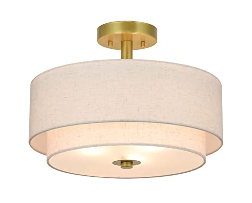 XiNBEi Lighting 3 Light Semi Flush Mount Light, Close to Ceiling Light Fixture with Fabric Shade Retro Gold Brass 16 inch Semi Flush Drum Light for Bedroom & Living Room XB-SF1289-GB - Image 1