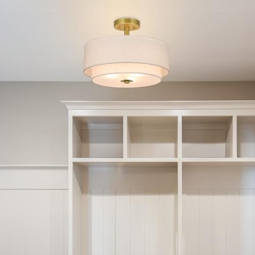 XiNBEi Lighting 3 Light Semi Flush Mount Light, Close to Ceiling Light Fixture with Fabric Shade Retro Gold Brass 16 inch Semi Flush Drum Light for Bedroom & Living Room XB-SF1289-GB - Image 2