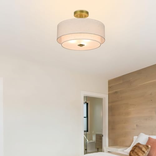 XiNBEi Lighting 3 Light Semi Flush Mount Light, Close to Ceiling Light Fixture with Fabric Shade Retro Gold Brass 16 inch Semi Flush Drum Light for Bedroom & Living Room XB-SF1289-GB - Image 4