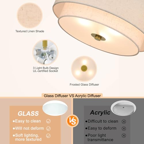 XiNBEi Lighting 3 Light Semi Flush Mount Light, Close to Ceiling Light Fixture with Fabric Shade Retro Gold Brass 16 inch Semi Flush Drum Light for Bedroom & Living Room XB-SF1289-GB - Image 3
