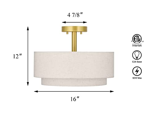 XiNBEi Lighting 3 Light Semi Flush Mount Light, Close to Ceiling Light Fixture with Fabric Shade Retro Gold Brass 16 inch Semi Flush Drum Light for Bedroom & Living Room XB-SF1289-GB - Image 5