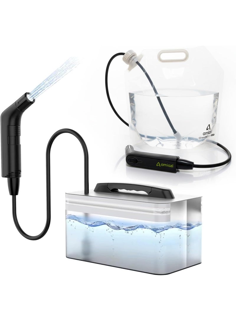 أميازي AMIAZI™ شطاف محمول قابل لإعادة الشحن للسفر والتخييم – دش يدوي للمسلمين للوضوء والاستخدام الخارجي والعناية بالأطفال – خزان سيليكون 2.3 لتر + كيس ماء 5 لتر - Image 1