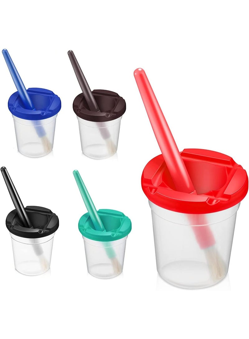 5 Pieces Paint Cups Toddler Painting Set Spill Proof Paint Cups Children's No Spill Paint Cups with Assorted Color Lids Matching Plastic Handles Brushes Easy to Clean for School Art Painting - Image 1