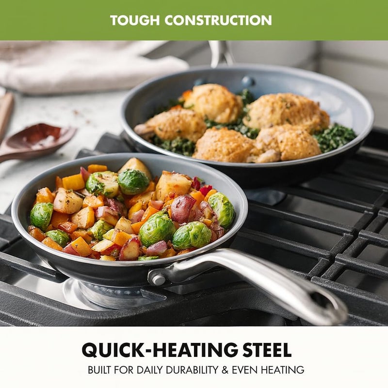 GreenPan Swift Healthy Ceramic Nonstick, 8" and 10" Frying Pan Skillet Set, Stainless Steel Handles, PFAS-Free, Dishwasher Safe, Oven Safe, Black - Image 3