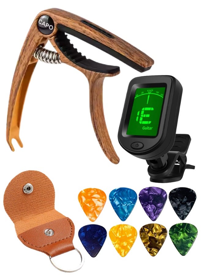 Generic Brands Capo Guitar Capo Zinc Alloy Premium Capo With Guitar Tuner Clip-On Tuner For Acoustic Guitar And More.-Wood Grain  - Image 1