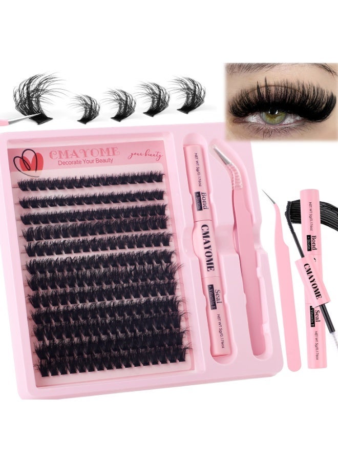 كمايو **طقم رموش تجميلية DIY مكون من 240 قطعة بكثافة 60D، رموش فردية (كلسترز) بأطوال مختلطة 10-16 ملم مع مثبت وسيلر 2 في 1 + فيتامين E وبيوتين، رموش تجميلية بشريط رفيفع وتجعيد D-Curl مع ملقط، لمظهر طبيعي وثبات طويل الأمد، سهلة التطبيق في المنزل.** - Image 1