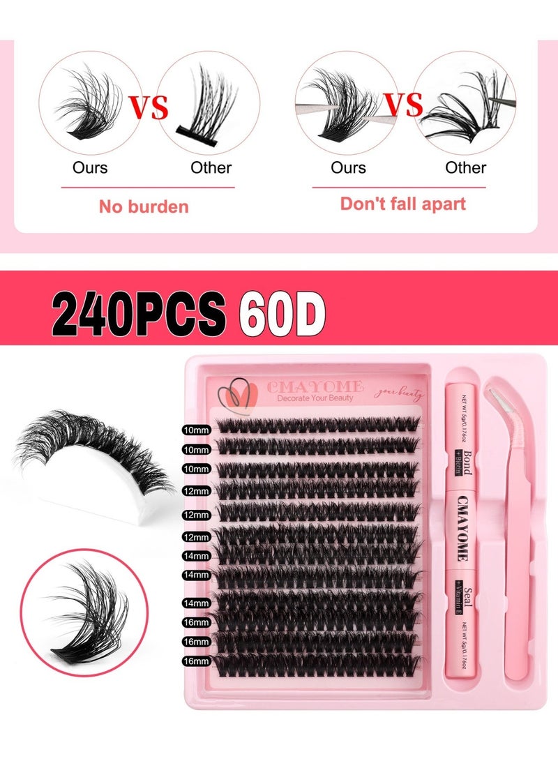 كمايو **طقم رموش تجميلية DIY مكون من 240 قطعة بكثافة 60D، رموش فردية (كلسترز) بأطوال مختلطة 10-16 ملم مع مثبت وسيلر 2 في 1 + فيتامين E وبيوتين، رموش تجميلية بشريط رفيفع وتجعيد D-Curl مع ملقط، لمظهر طبيعي وثبات طويل الأمد، سهلة التطبيق في المنزل.** - Image 3