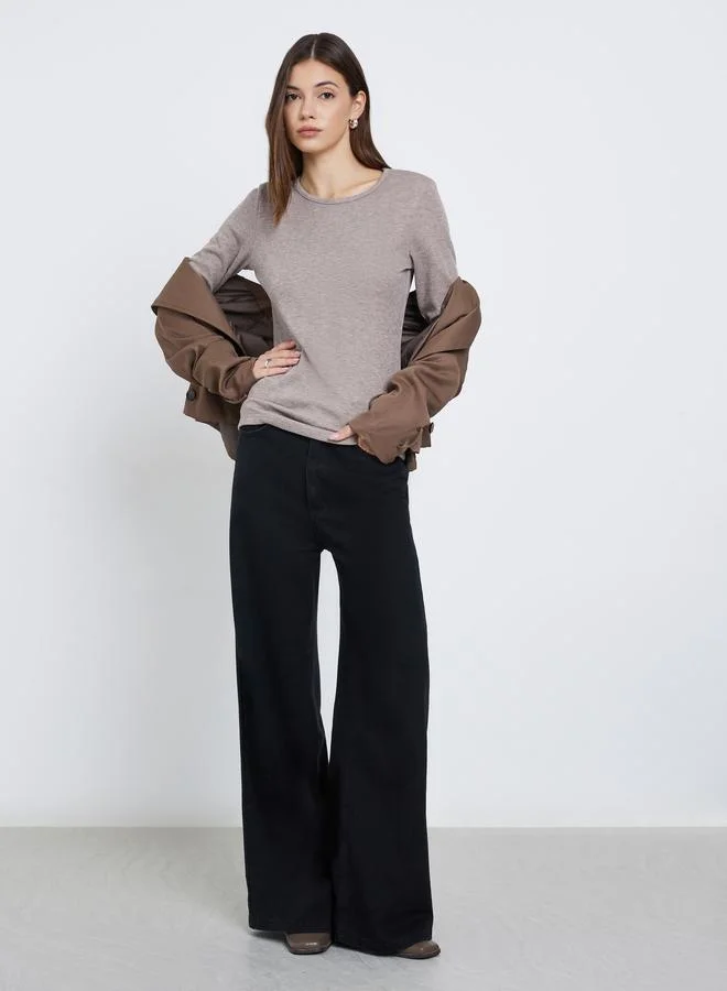 Styli Styli Beige Flat Knit Top with Long Sleeves