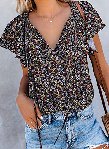 SimpleFun Short Sleeve Tops for Women Summer V Neck Chiffon Blouse Fahsion Floral Boho Shirts (Black,M) - Image 2
