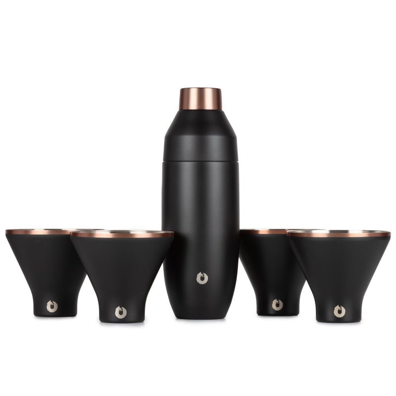 Snowfox Insulated Stemless Martini Glasses Set of 4 (8oz) & Cocktail Shaker (22oz), Vacuum Insulated Stainless Steel for Cold Drinks, Lid With Jigger & Built In Strainer, Bar Accessories, Black/Gold - Image 1
