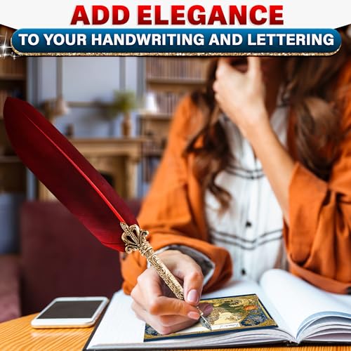 LAGARTO Antique Feather Pen and Ink Set - 11.4" Red Feather Quill Pen and Ink Set with Stainless Steel Nib for Calligraphy Practice, Drawing & Signatures - Designed for Beginners and Calligraphy Enthusiasts - Image 5