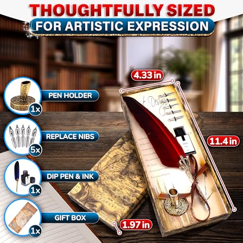 LAGARTO Antique Feather Pen and Ink Set - 11.4" Red Feather Quill Pen and Ink Set with Stainless Steel Nib for Calligraphy Practice, Drawing & Signatures - Designed for Beginners and Calligraphy Enthusiasts - Image 2