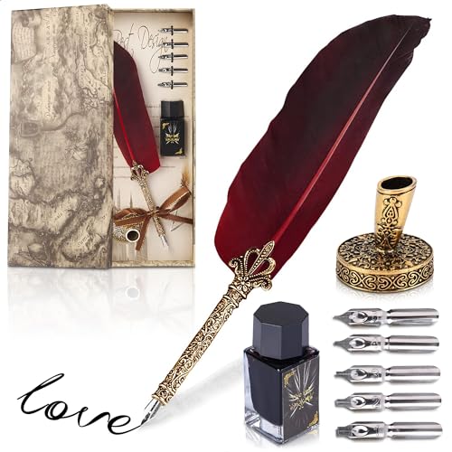 LAGARTO Antique Feather Pen and Ink Set - 11.4" Red Feather Quill Pen and Ink Set with Stainless Steel Nib for Calligraphy Practice, Drawing & Signatures - Designed for Beginners and Calligraphy Enthusiasts - Image 1