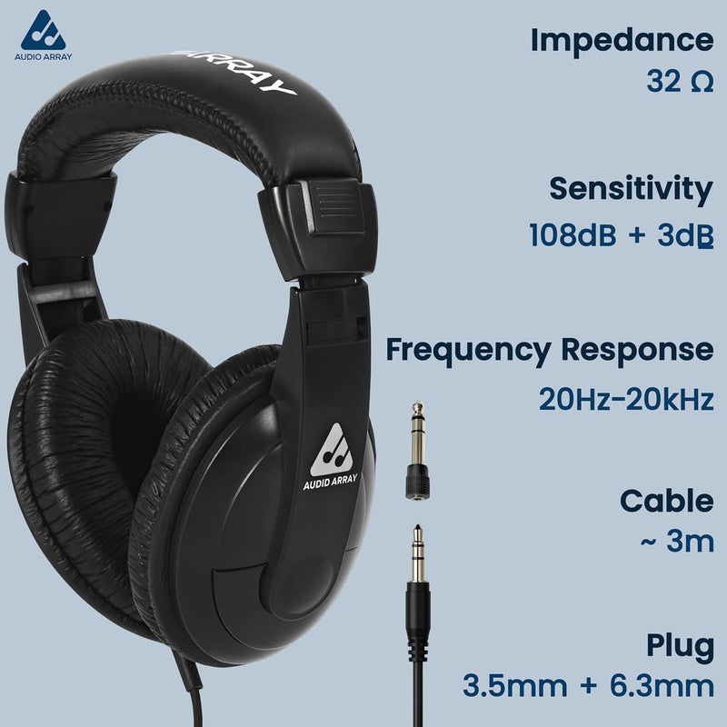 Audio Array AH-45-BK Studio Monitoring & Live Recording Headphones | 40mm Depp Bass Drivers Closed-Back Design | 32 Ohms Impedance | 3m OFC Cable | 3.5mm + 6.3mm Adapter (Black) - Image 4