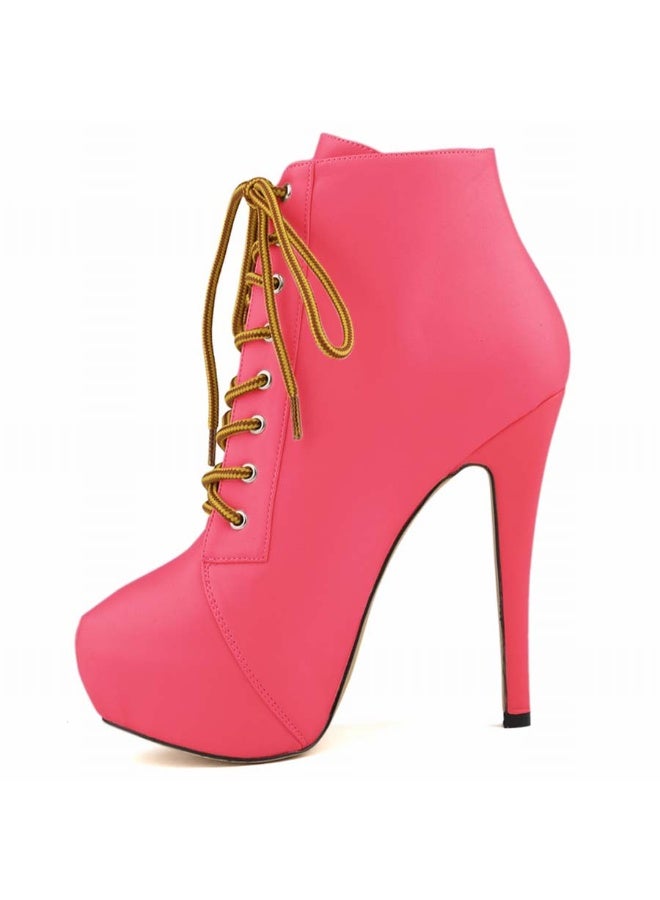 Loquat Autumn/Winter Platform Ultra High Stiletto Lace-Up Boots 14cm Rose Red  - Image 1