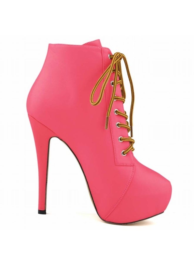 Loquat Autumn/Winter Platform Ultra High Stiletto Lace-Up Boots 14cm Rose Red  - Image 2