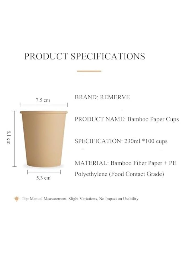 erorex - Bamboo Paper Cups, Compostable, Biodegradable, Disposable (230ml, 100 Pack) Eco Friendly, Good for Drinking Coffee, Tea and any Hot and Cold - Image 1