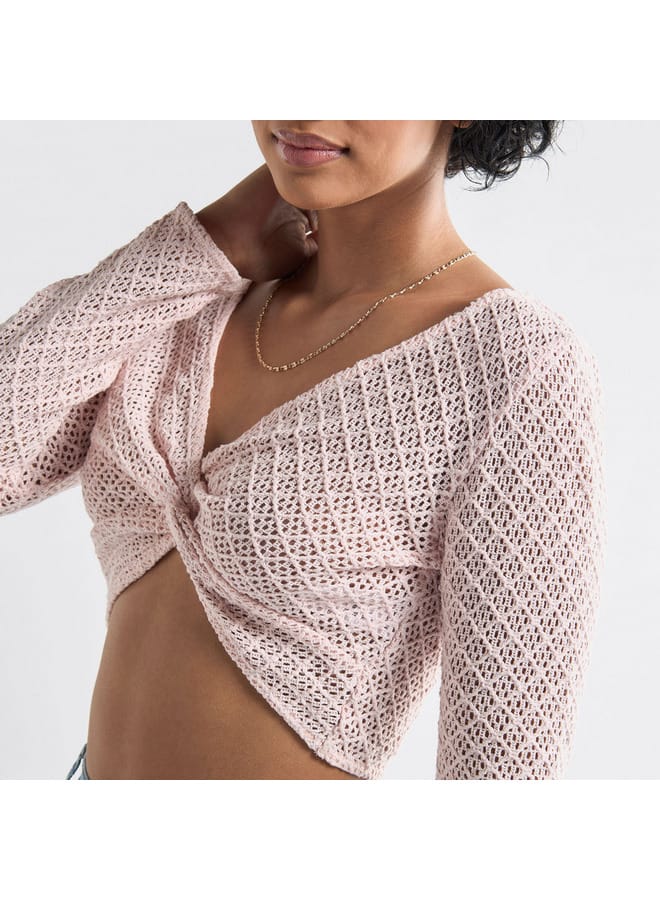 Splash FAV Textured Crop Top with Long Sleeves and Knot Detail - Image 4