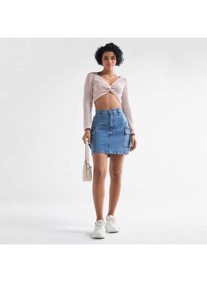Splash FAV Textured Crop Top with Long Sleeves and Knot Detail - Image 2