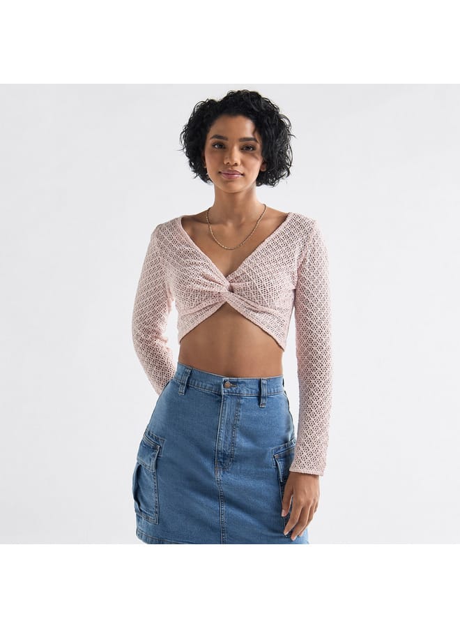 Splash FAV Textured Crop Top with Long Sleeves and Knot Detail - Image 1