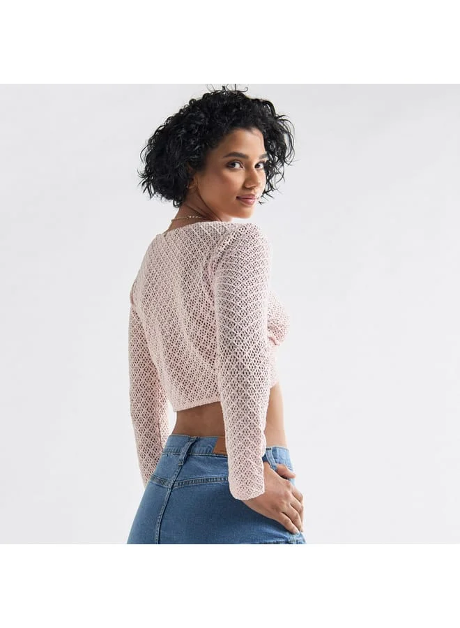 Splash FAV Textured Crop Top with Long Sleeves and Knot Detail