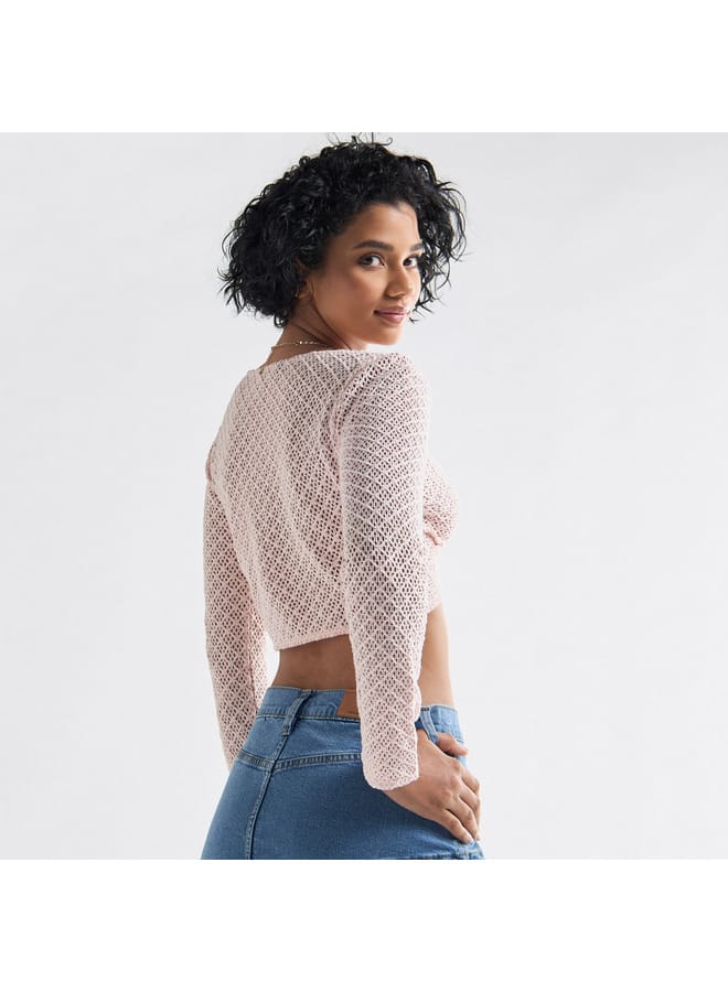 Splash FAV Textured Crop Top with Long Sleeves and Knot Detail - Image 3