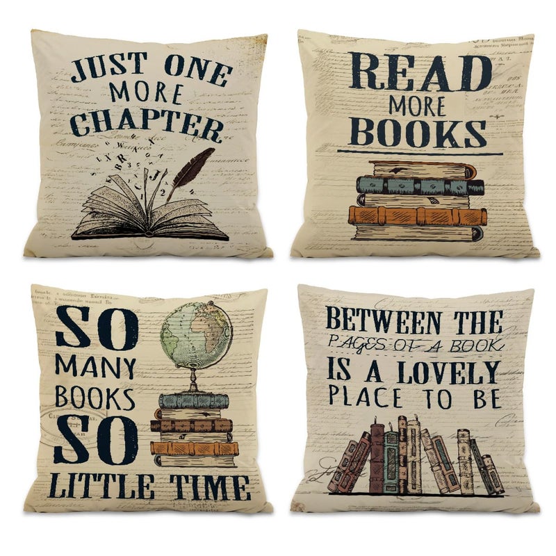 ISANOU Reading Nook Decor,Vintage Book Theme Throw Pillow Covers 18x18 Set of 4,Cozy Reading Corner Decor for Classroom Library Book Club,Book Lover Gifts for Women - Image 1