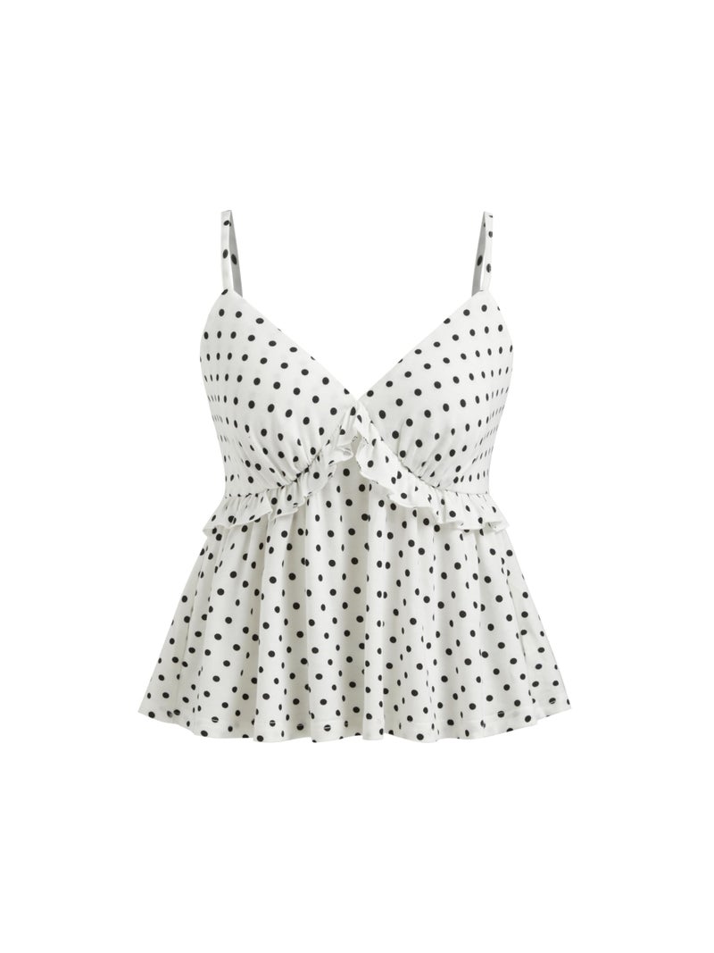 CIDER Polka Dot Babydoll Tops for Women Cute V Neck Sleeveless Going Out Tops Flowy Crop Tank Top Summer Outfits Y2K White - Image 1